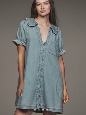 Anthropologie Light Blue Denim Button-Front Mini Dress